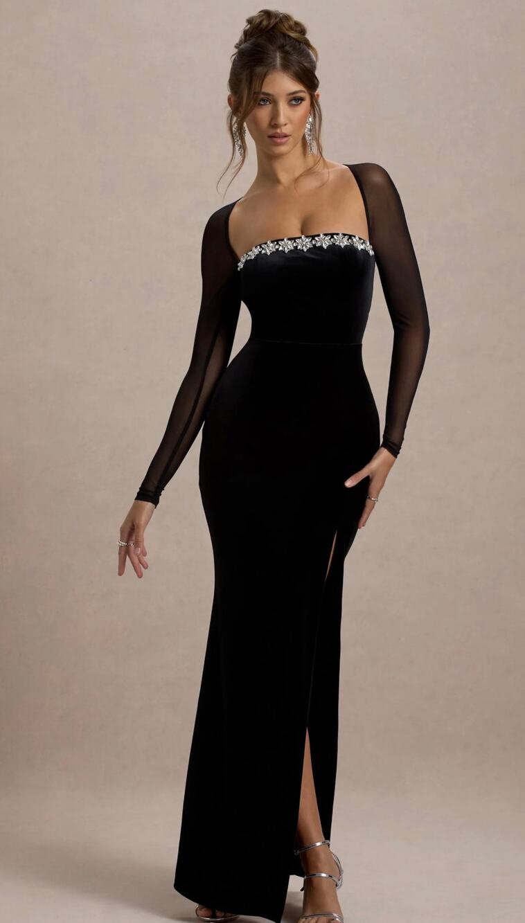 NWT Club London Ashby Black Velvet Mesh Sleeve Rhinestone Maxi Gown Whimsygoth